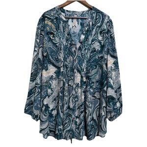 Melissa McCarthy Seven7 Blouse Top Women's 3X Button‎ Up 3/4 Sleeve Dark Artsy